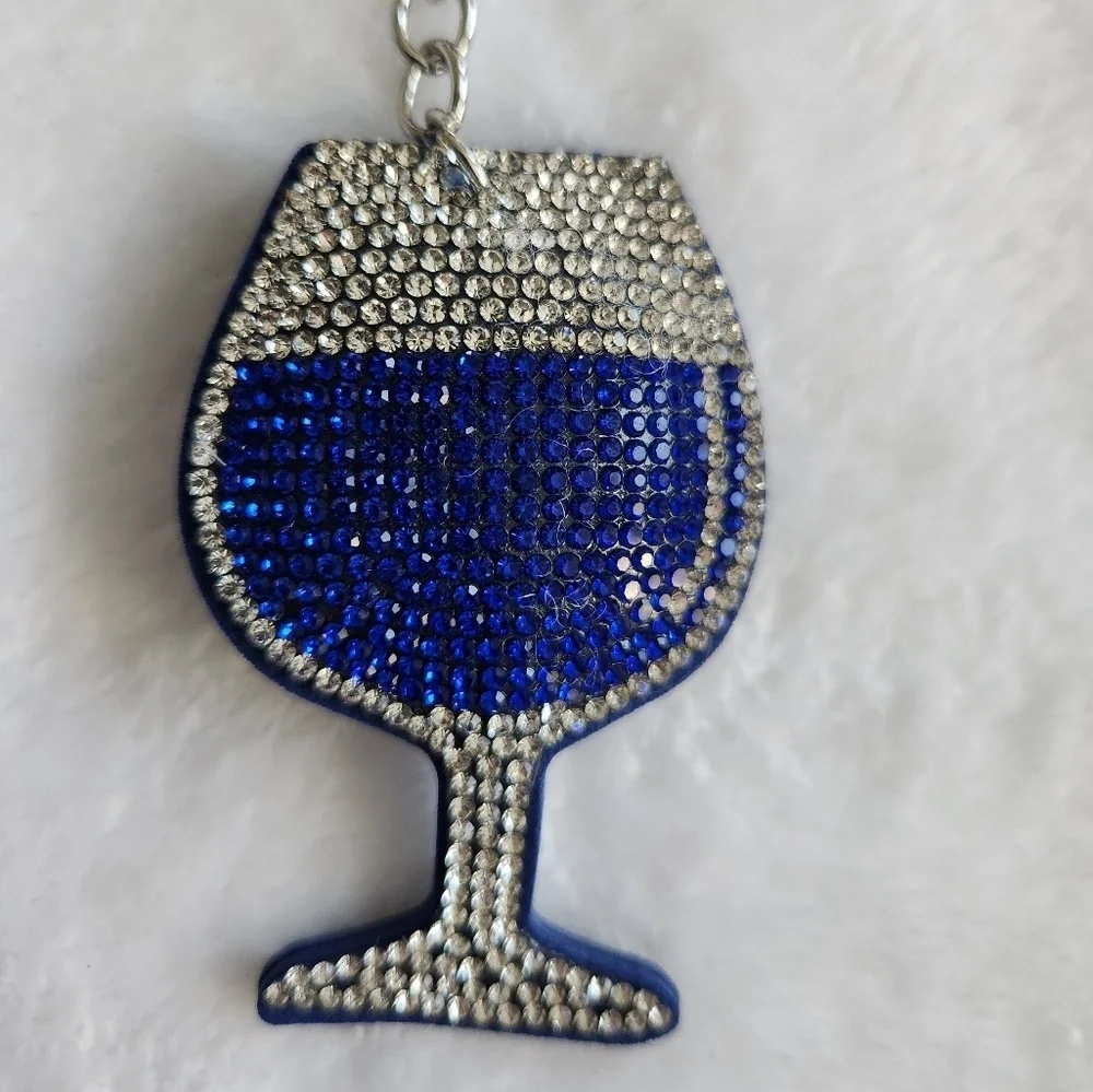 Wine Glass Blue and Silver Rhinestone Keychain Bag Charm